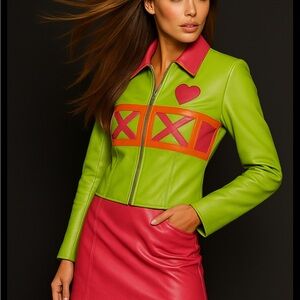 ✨Rare Vintage Escada Leather 💗💚Colorblock Jacket Skirt Set 90s Collector’s Piece